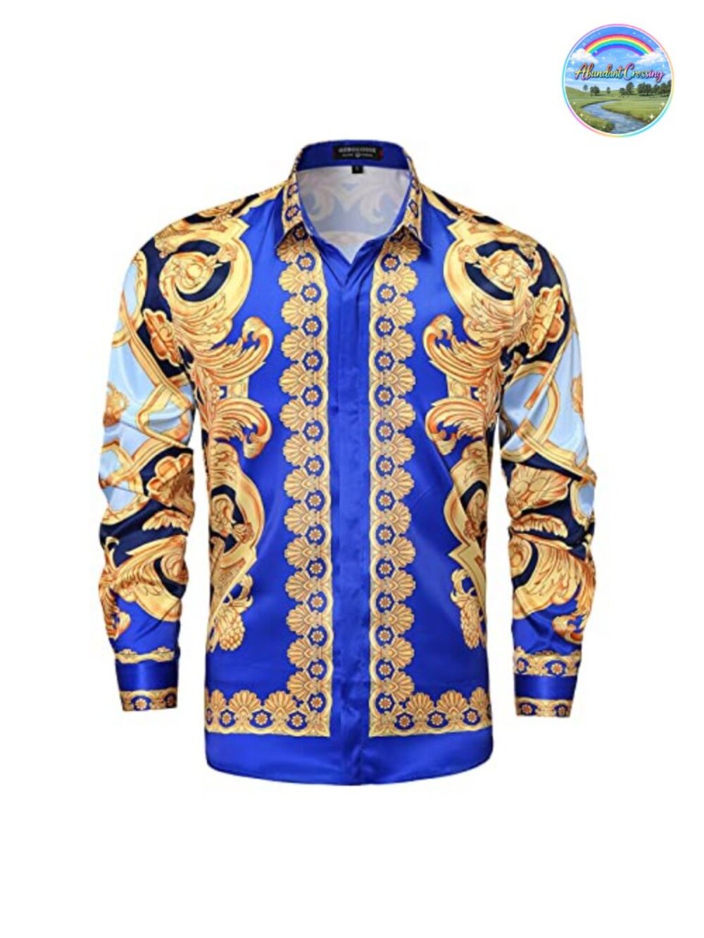 Mens Silk-Like Print Dress Shirt Long Sleeve Button-Down Luxury Party Shirt